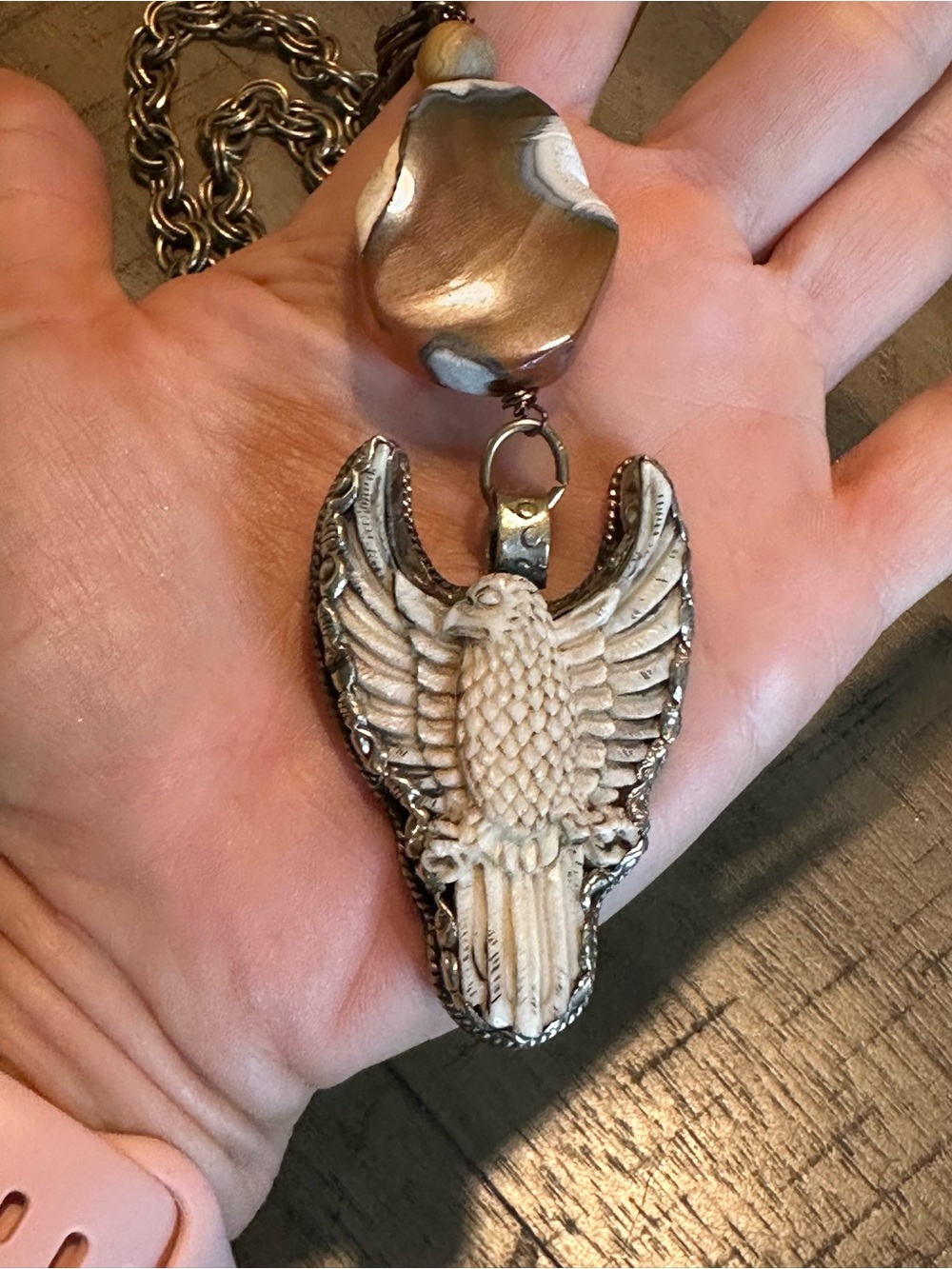 Eagle Pendant Necklace with Agate Accent - Ivory & Brass Tones - Picture 3 of 3